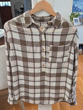 Anthropologie Women's Brown Plaid Half-Placket Button-Down On Both Sides Top (S)